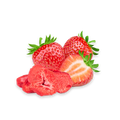 Drei frische Erdbeeren mit grünen Kelchblättern und mehrere getrocknete Erdbeerscheiben auf schwarzem Hintergrund