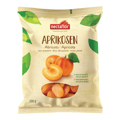 Verpackung mit getrockneten Aprikosen der Marke nectaflor mit Abbildung von Aprikosen und grünem Blattmuster