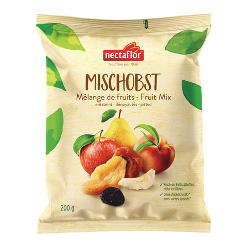 Verpackung eines Mischobst-Snacks der Marke nectaflor mit Abbildungen von Apfel, Birne, Pfirsich, getrockneten Aprikosen, Pflaume und Kokosnuss