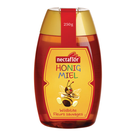 Honigflasche der Marke nectaflor mit gelbem Etikett und einer Zeichnung einer Biene