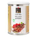 Dose mit Grill-Mix-Gewürz von Swiss Alpine Herbs mit Bild von Steak, Paprika, Knoblauch und Kräutern