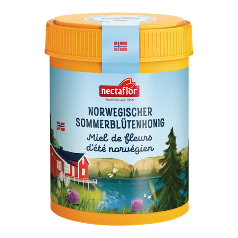Honigglas mit oranger Deckel und Etikett mit norwegischer Landschaft, Text 'nectaflor Tradition seit 1958 NORWEGISCHER SOMMERBLÜTENHONIG Miel de fleurs d'été norvégien'