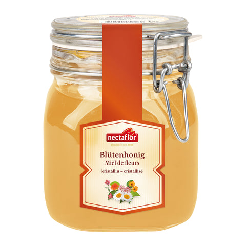 Glas mit Blütenhonig der Marke nectaflor mit Bügelverschluss und Etikett mit Blumenmotiv