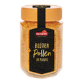 Glas mit gelben Blütenpollen von nectaflor mit goldfarbenem Schraubdeckel und schwarzem Etikett