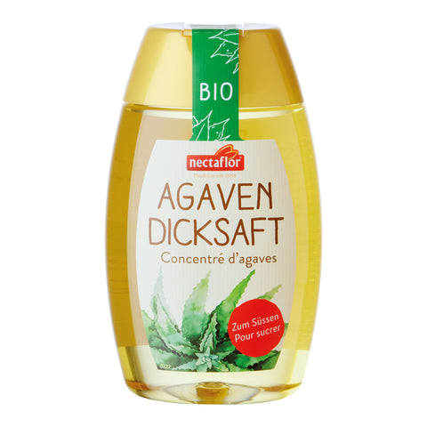 Plastikflasche mit grünem Bio-Siegel und Etikett 'nectaflor AGAVEN DICKSAFT Concentré d'agaves Zum Süssen Pur sucrer' mit Agavenblatt-Motiv