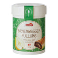 Weißer Eimer mit grünem Etikett und der Aufschrift 'nectaflor BIRNENWEGGEN FÜLLUNG Pâte pour pain aux poires' sowie Abbildungen einer halben Birne und eines gefüllten Gebäcks