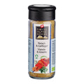 Transparente Gewürzmühle mit schwarzem Deckel. Auf dem Etikett steht „Fleisch & Geflügel / Viande & Volaille“ unter dem Swiss Alpine Herbs Logo. Im Glas ist eine gelblich-braune Gewürzmischung sichtbar. Unten sind Fleischspiesse mit Gemüse, grüne Kräuter sowie das Bio-Logo abgebildet.