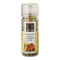 Transparente Gewürzmühle mit durchsichtigem Deckel. Auf dem Etikett steht „Kartoffel-Mix / Mix pour pommes de terre“ unter dem Swiss Alpine Herbs Logo. Im Glas sind grobe Kräuter und Gewürze sichtbar. Unten sind gebratene Kartoffeln, eine Tomate sowie das Bio-Logo abgebildet.