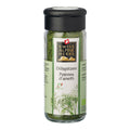 Transparente Gewürzmühle mit schwarzem Deckel. Auf dem Etikett steht „Dillspitzen / Pointes d’aneth“ unter dem Swiss Alpine Herbs Logo. Im Glas sind getrocknete grüne Kräuter sichtbar. Unten ist eine Abbildung von Dill sowie das Bio-Suisse-Logo zu sehen.