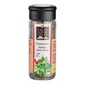 Transparente Gewürzmühle mit schwarzem Deckel. Auf dem Etikett steht „Pizzakräuter / Herbes pour pizza“ unter dem Swiss Alpine Herbs Logo. Im Glas sind grüne Kräuter und Gewürze sichtbar. Unten sind grüne Kräuter, rote Chilischoten sowie das Bio-Suisse-Logo abgebildet.