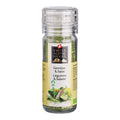 Transparente Gewürzmühle mit durchsichtigem Deckel. Auf dem Etikett steht „Gemüse & Salat / Légumes & Salade“ unter dem Swiss Alpine Herbs Logo. Im Glas sind grüne Kräuter und Gewürze sichtbar. Unten sind verschiedene Gemüsesorten wie Zucchini, Zwiebel und Bohnen sowie das Bio-Logo abgebildet.