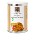 Weisse Gewürzdose mit goldenen Seitenstreifen. In der Mitte steht „Kartoffel-Mix / Mix pour pommes de terre“ unter dem Swiss Alpine Herbs Logo. Unten sind gebratene Kartoffeln, eine Tomate sowie das Bio-Logo abgebildet.