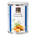 Weisse Gewürzdose mit blauen Seitenstreifen. In der Mitte steht „Fisch & Dip / Poisson & Dip“ unter dem Swiss Alpine Herbs Logo. Unten sind Fischstücke, grüne Kräuter sowie das Bio-Suisse-Logo abgebildet.