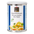 Weisse Gewürzdose mit blauen Seitenstreifen. In der Mitte steht „Alpenkräutersalz / Sel aux herbes des Alpes“ unter dem Swiss Alpine Herbs Logo. Unten sind Nudeln mit Kräutern sowie das Bio-Suisse-Logo abgebildet.