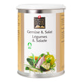 Weisse Gewürzdose mit goldenen Seitenstreifen. In der Mitte steht „Gemüse & Salat / Légumes & Salade“ unter dem Swiss Alpine Herbs Logo. Unten sind verschiedene Gemüsesorten wie Zucchini, Zwiebel, Bohnen und Kräuter sowie das Bio-Logo abgebildet.