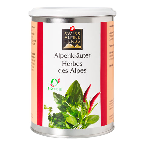 Weisse Gewürzdose mit roten Seitenstreifen. In der Mitte steht „Alpenkräuter / Herbes des Alpes“ unter dem Swiss Alpine Herbs Logo. Unten sind grüne Kräuter, rote Chilischoten und das Bio-Suisse-Logo abgebildet.