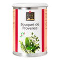 Weisse Gewürzdose mit roten Seitenstreifen. In der Mitte steht „Bouquet de Provence“ unter dem Swiss Alpine Herbs Logo. Unten sind grüne Kräuter und das Bio-Suisse-Logo abgebildet.
