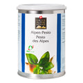 Weisse Gewürzdose mit blauen Seitenstreifen. In der Mitte steht „Alpen-Pesto / Pesto des Alpes“ unter dem Swiss Alpine Herbs Logo. Unten sind grüne Basilikumblätter, Knoblauch und das Bio-Suisse-Logo abgebildet.