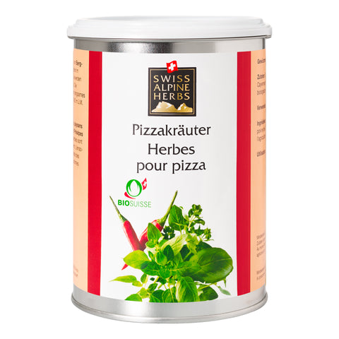 Weisse Gewürzdose mit roten Seitenstreifen. In der Mitte steht „Pizzakräuter / Herbes pour pizza“ unter dem Swiss Alpine Herbs Logo. Unten sind grüne Kräuter, rote Chilischoten und das Bio-Suisse-Logo abgebildet.