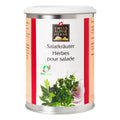 Weisse Gewürzdose mit roten Seitenstreifen. In der Mitte steht „Salatkräuter / Herbes pour salade“ unter dem Swiss Alpine Herbs Logo. Unten sind grüne Kräuter, eine rote Zwiebel und das Bio-Suisse-Logo abgebildet.