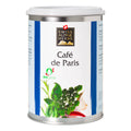 Weisse Gewürzdose mit blauen Seitenstreifen. In der Mitte steht „Café de Paris“ unter dem Swiss Alpine Herbs Logo. Unten sind grüne Kräuter und das Bio-Suisse-Logo abgebildet.
