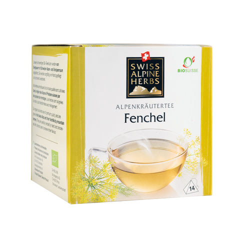 Packung mit Fenchel-Alpenkräutertee der Marke Swiss Alpine Herbs mit Bio-Suisse-Logo und einer Tasse Tee auf der Vorderseite