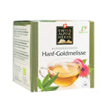 Packung Alpenkräutertee Hanf-Goldmelisse von Swiss Alpine Herbs mit Teetasse und Pflanzenabbildungen