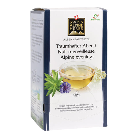 Packung mit Swiss Alpine Herbs Alpenkräutertee 'Traumhafter Abend' mit Teetasse und Kräutern auf der Vorderseite