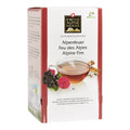 Packung Alpenkräutertee 'Alpenfeuer' von Swiss Alpine Herbs mit Teetasse, Beeren, Blüte und Zimtstangen auf der Vorderseite
