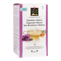 Verpackung von Swiss Alpine Herbs Alpenkräutertee mit Sanddorn-Malve, Abbildung einer Tasse Tee und Pflanzen auf weißem Hintergrund mit lila Seitenstreifen