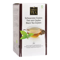 Packung mit Finest Organic Tea Schwarztee Ceylon in einzeln verpackten Pyramidenbeuteln mit Teetasse und Teeblättern auf der Vorderseite
