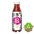Flasche Bio-Eistee von Swiss Alpine Herbs mit Aronia, Alpenrose und Minze in weißem Etikett mit schwarzen Pflanzenzeichnungen und pinkem Schriftkreis