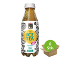 Flasche Bio-Eistee von Swiss Alpine Herbs mit Sanddorn, Ingwer und Apfel, zuckerfrei, neben einem Karton mit grünem Aufkleber '6 Stk.'