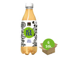 Flasche mit Bio Ice Tea von Swiss Alpine Herbs. Die transparente Kunststoffflasche enthält ein hellgelbes Getränk. Das Etikett ist weiss mit floralen Mustern und der Aufschrift „BIO ICE TEA“. Die Sorte ist Minze, Melisse und Verveine. Rechts befindet sich ein grüner Kreis mit der Aufschrift „6 Stk.“.