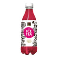 Flasche mit rotem Bio-Eistee der Sorte Aronia Alpenrose Minze mit weißem Etikett und schwarzem Blumenmuster
