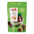 Grüne Verpackung mit der Aufschrift 'nectaflor', 'Marroni gekocht Marrons cuits Chestnuts cooked 500g' und Abbildung von Maroni in einer Schale sowie stacheligen Maronihüllen