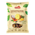 Verpackung der Marke nectaflor mit der Aufschrift 'Südseemischung' und Abbildungen von Kokosnuss, Ananas, Papaya und Bananen, darunter ein Sichtfenster mit getrockneten Früchten