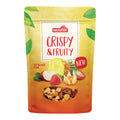 Verpackung mit der Aufschrift 'nectaflor CRISPY & FRUITY' zeigt getrocknete Früchte und Nüsse vor gelb-orangefarbenem Hintergrund