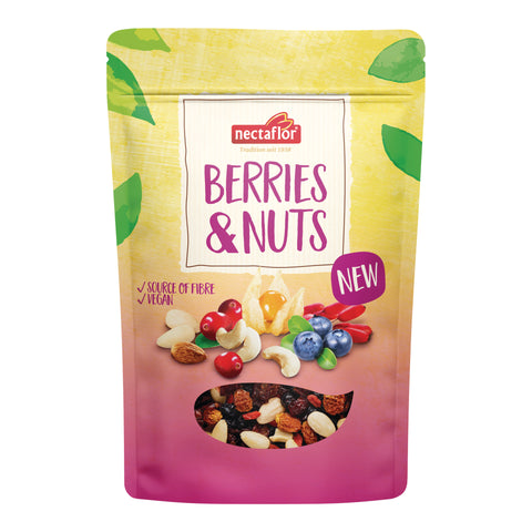 Verpackung mit der Aufschrift 'nectaflor BERRIES & NUTS' und Abbildungen von Beeren und Nüssen