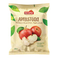 Beige Verpackung mit aufgemalten Blättern, darauf zu sehen sind zwei Äpfel und zwei getrocknete Apfelstücke