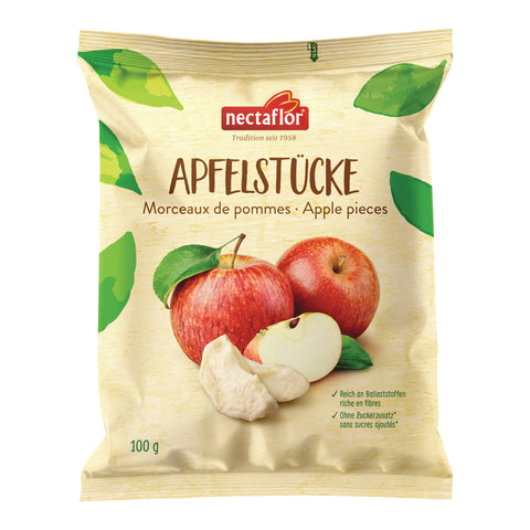 Beige Verpackung mit aufgemalten Blättern, darauf zu sehen sind zwei Äpfel und zwei getrocknete Apfelstücke