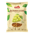 Verpackung mit der Aufschrift 'nectaflor SULTANINEN GOLDEN Raisins golden' und Abbildung einer grünen Traube sowie sichtbaren goldbraunen Sultaninen.