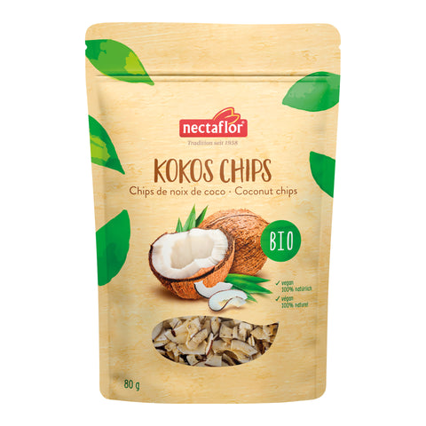 Verpackung mit Kokoschips der Marke nectaflor mit Bio-Siegel und Sichtfenster