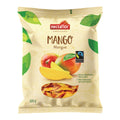 Verpackung mit getrockneten Mangoscheiben der Marke nectaflor mit Fairtrade-Logo und grünen Blättern als Dekoration