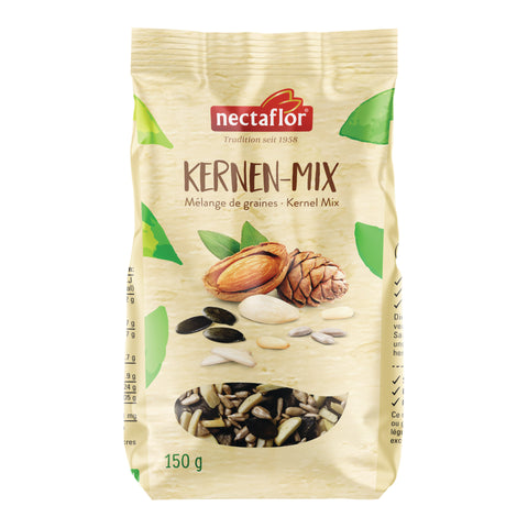 Verpackung eines Kern-Mix von nectaflor mit Abbildungen von Kernen und Zapfen auf beigem Hintergrund