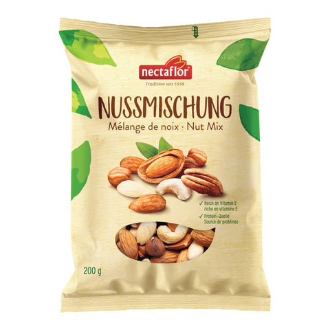 Packung Nussmischung der Marke nectaflor mit sichtbaren Mandeln, Cashewkernen und Pekannüssen