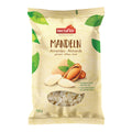 Gelbe Verpackung von Nectaflor Mandeln mit Mandeln und Sichtfenster mit Mandelblättchen.