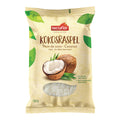 Gelbe Verpackung von Nectaflor Kokosraspeln mit Kokosnuss und Sichtfenster mit Kokosraspeln.