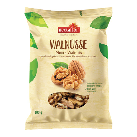 Gelbe Verpackung von Nectaflor Walnüssen mit Walnüssen und Sichtfenster mit Walnusskernen.