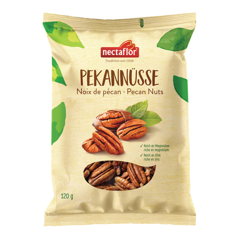 Gelbe Verpackung von Nectaflor Pekannüssen mit Pekannüssen und Sichtfenster mit Pekannüssen.